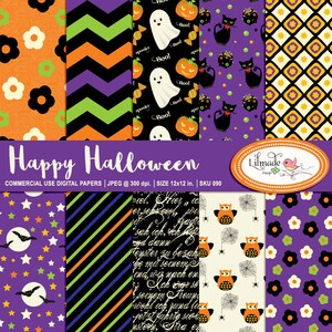 May include: A set of 10 digital papers featuring Halloween themes. The papers include patterns of stars, bats, owls, pumpkins, ghosts, cats, flowers, and geometric shapes in orange, black, green, white, and purple.