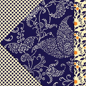 Peut inclure: Un tissu bleu avec un motif floral blanc. Le tissu est bord&eacute; d'un tissu jaune &agrave; pois blancs et d'un tissu jaune &agrave; fleurs blanches.