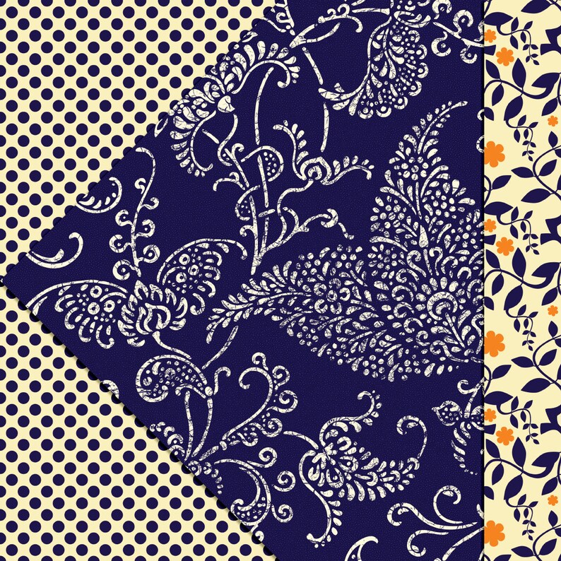 Peut inclure: Un tissu bleu avec un motif floral blanc. Le tissu est bord&eacute; d'un tissu jaune &agrave; pois blancs et d'un tissu jaune &agrave; fleurs blanches.