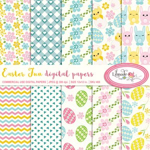 May include: A set of 12 digital papers featuring Easter-themed patterns. The patterns include bunnies, chicks, eggs, flowers, gingham, and chevron designs in pink, blue, yellow, and green colors. The papers are 12 inches by 12 inches and 300 dpi.