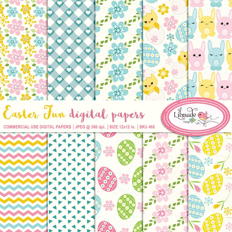 May include: A set of 12 digital papers featuring Easter-themed patterns. The patterns include bunnies, chicks, eggs, flowers, gingham, and chevron designs in pink, blue, yellow, and green colors. The papers are 12 inches by 12 inches and 300 dpi.