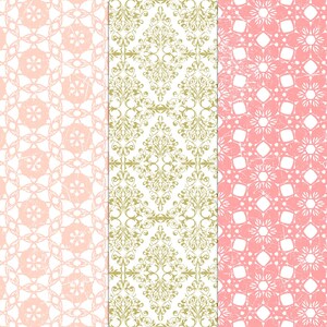 May include: Three seamless patterns in pink and gold. The first pattern is a pink floral design on a white background. The second pattern is a gold floral design on a white background. The third pattern is a pink geometric design on a white background.