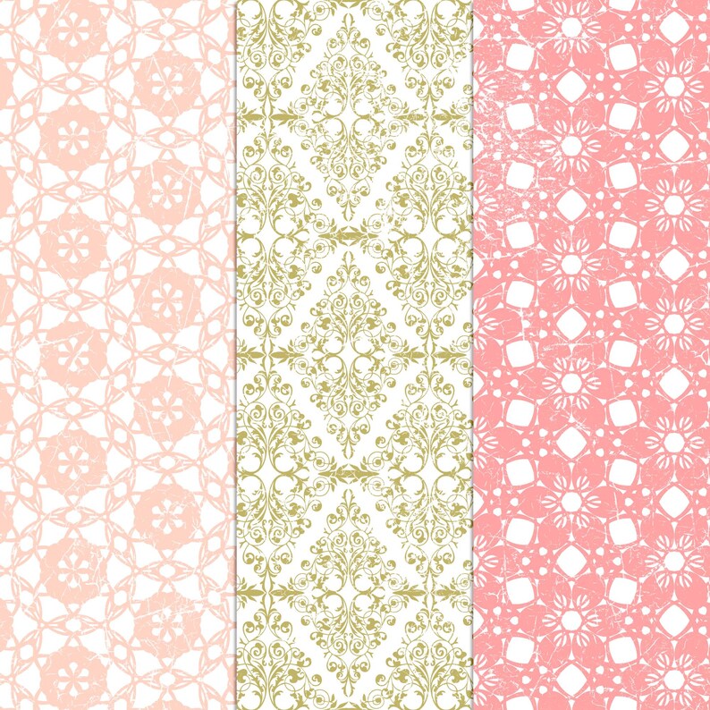 May include: Three seamless patterns in pink and gold. The first pattern is a pink floral design on a white background. The second pattern is a gold floral design on a white background. The third pattern is a pink geometric design on a white background.
