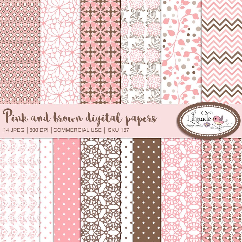 May include: A set of 14 digital papers in pink and brown featuring various patterns, including polka dots, geometric designs, and floral motifs. The text "Pink and brown digital papers" is displayed at the top of the image. The text "14 JPEG | 300 DPI | COMMERCIAL USE | SKU 137" is displayed below the title.