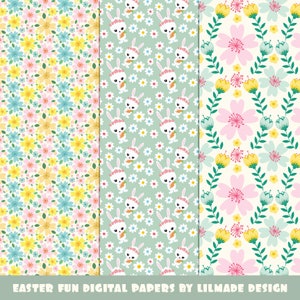 Digitalt påskpapper med söta påskhare-cliparts, påskägg och handritade vårblommönster. Kommersiellt bruk, P468 bild 4