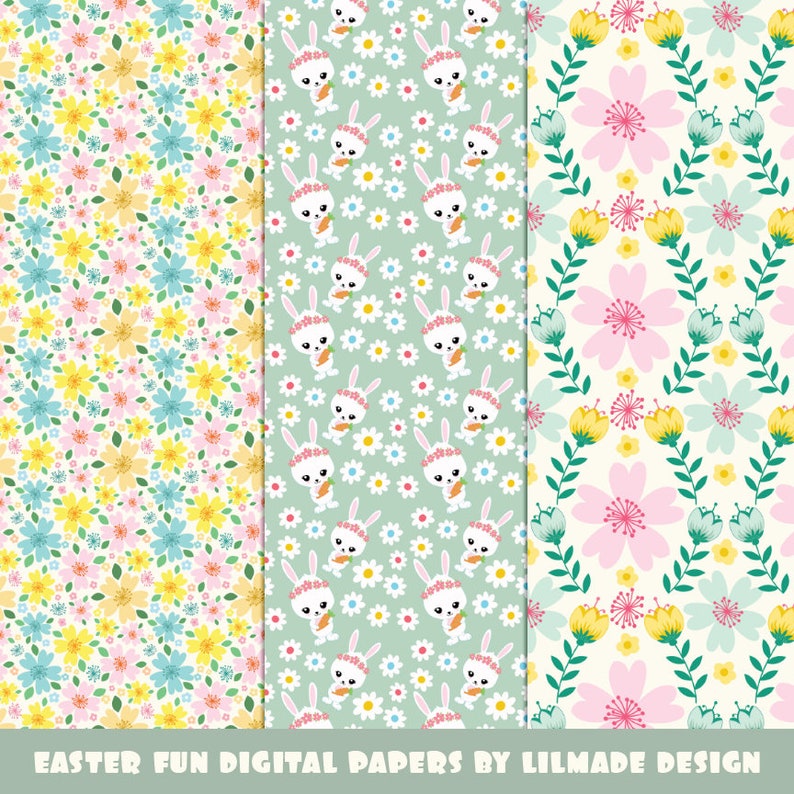 Digitalt påskpapper med söta påskhare-cliparts, påskägg och handritade vårblommönster. Kommersiellt bruk, P468 bild 4