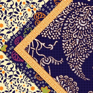 Peut inclure: Un tissu &agrave; motifs color&eacute;s avec quatre motifs diff&eacute;rents. Le tissu pr&eacute;sente une vari&eacute;t&eacute; de couleurs, notamment le bleu, l'orange, le jaune et le vert. Les motifs sont complexes et d&eacute;taill&eacute;s, et ils sont dispos&eacute;s selon un motif g&eacute;om&eacute;trique.