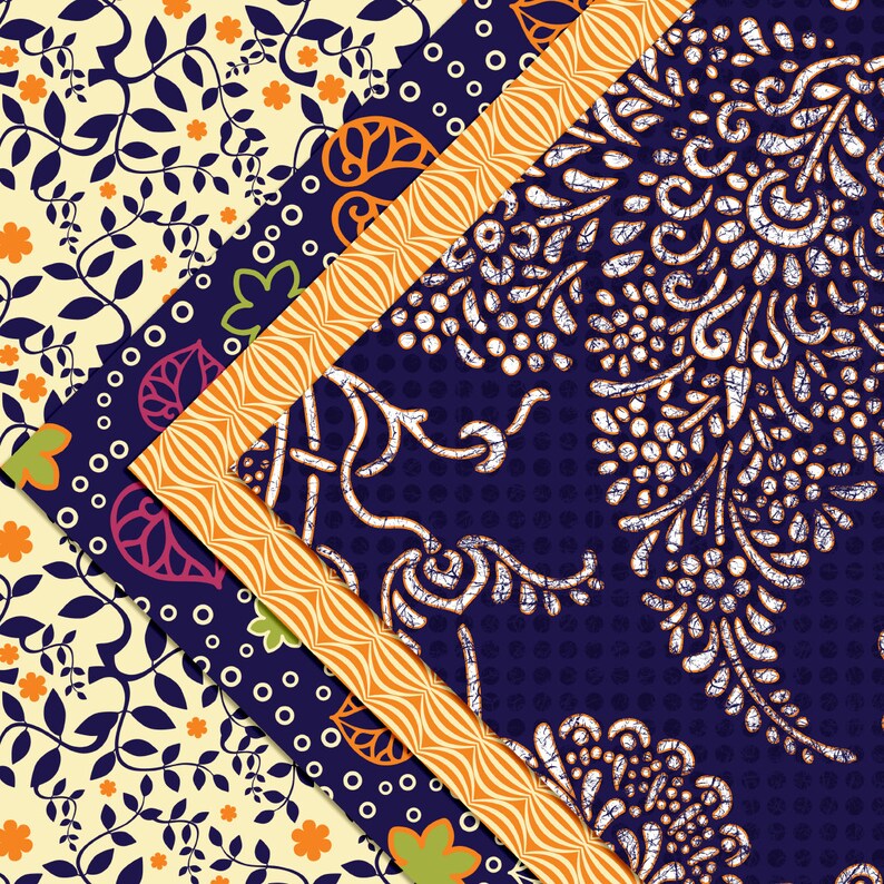 Peut inclure: Un tissu &agrave; motifs color&eacute;s avec quatre motifs diff&eacute;rents. Le tissu pr&eacute;sente une vari&eacute;t&eacute; de couleurs, notamment le bleu, l'orange, le jaune et le vert. Les motifs sont complexes et d&eacute;taill&eacute;s, et ils sont dispos&eacute;s selon un motif g&eacute;om&eacute;trique.
