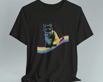 Maglietta con gatto spaziale arcobaleno, abbigliamento LGBTQ Pride