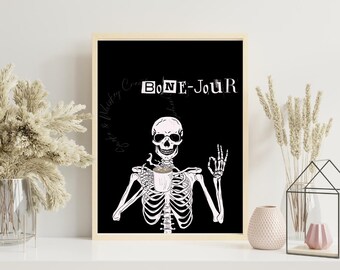 Bone-Jour Halloween Skeleton Art Print, Funny Wall Decor (Digital Download)