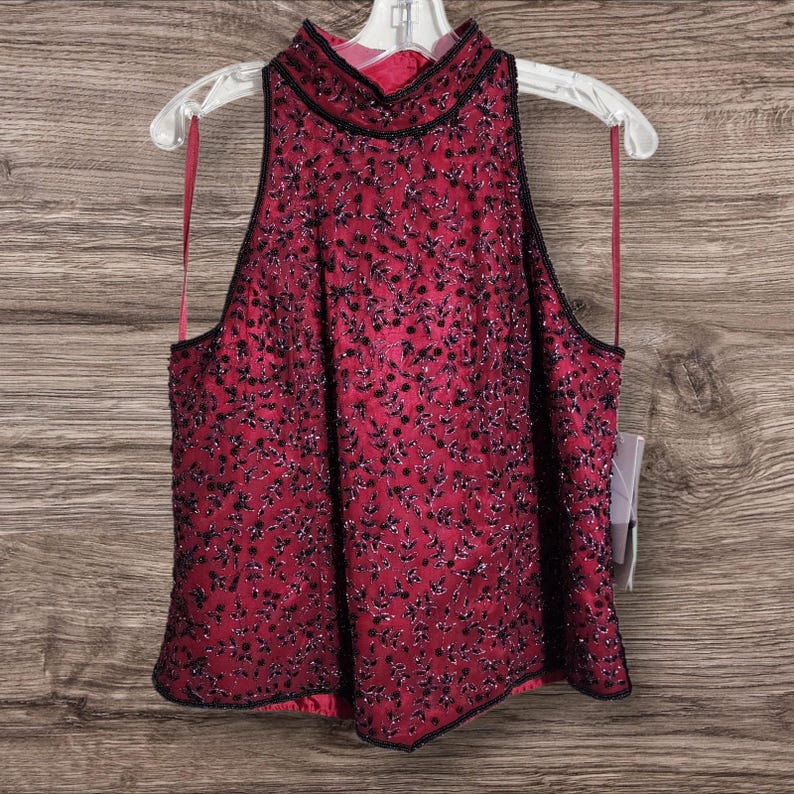 Top vintage in seta con collo alto e perline Adrianna Papell, taglia grande, da donna immagine 1