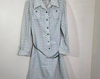 R&K Originals Womens Dress Vintage 70s Green Plaid Belted Button Front Size M