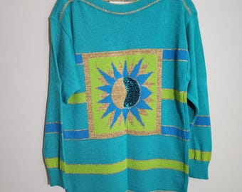 Maglione vintage Chelsea con motivo a sole celeste e paillettes metallizzate a righe da donna S