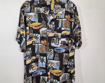 Camicia da uomo Islander Muscle Car Tropical Guitar in rayon con bottoni Aloha, taglia M