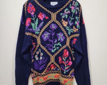 Maglione lavorato a maglia con motivo floreale Vintage Crystal Sportswear da donna, taglia media