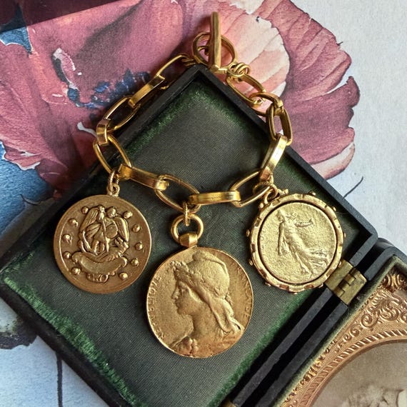 Oversized Gold Charm Bracelet with Old French Medal & Coin Replicas, 12k Gold Plated