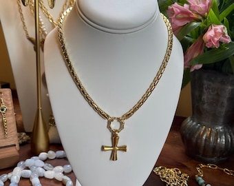 Matte Gold Maltese Cross Necklace on Snake Chain with Front Spring Clasp
