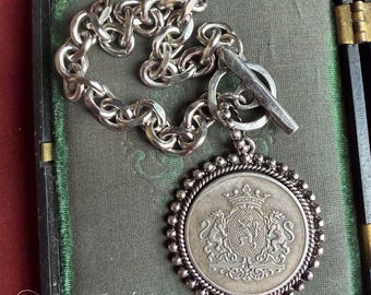 Heraldic Crest Charm Bracelet Chunky Pewter Chain Medieval Shield Medallion Toggle Bracelet