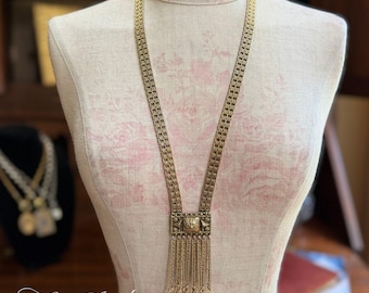 Byzantine Revival Tassel Necklace Miriam Haskell Pearl Drops Gold Tone Statement Jewelry