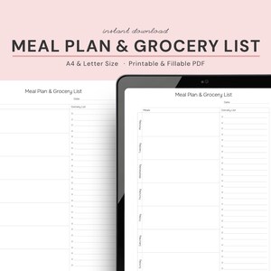 Plan de repas et liste de courses, planificateur de repas, liste de courses, planificateur de repas minimaliste, liste de courses simple, PDF imprimable, format A4 et lettre