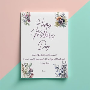 Tarjeta del Día de la Madre, regalo del Día de la Madre: "Feliz Día de la Madre, eres la mejor", descarga instantánea, tamaño media carta, PNG, PDF imprimible