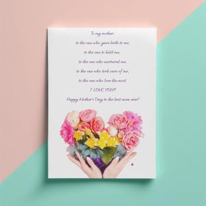 Modèle de carte imprimable pour la fête des mères, joyeuse fête des mères avec un court poème, téléchargement immédiat, taille demi-lettre, PNG, PDF imprimable