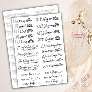 Puede incluir: Dos hojas de papel blanco con varios textos y gráficos en negro. El texto incluye frases como "Taufkind", "Gottes Segen", "Herzlichen Glückwunsch" y "Heilige Taufe". También hay un arcoíris y un pez.