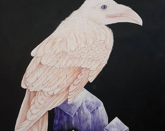 Guardian Series #1/4 - original art acrylic painting on canvas - 16x20 - White Raven Crow Purple Amethyst Quartz