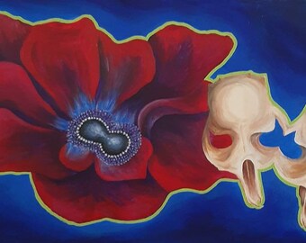 Life and Death series #3/4 - original surreal art - anemone and rat skulls - acrylic painting on 12x24 canvas - from LaurenHillDesigns.com