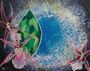 Universal series #2/3 - original surreal painting - spider orchids and emerald- acrylic painting on 9x12 canvas -from LaurenHillDesigns.com