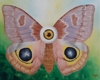 Peeper Creepers series pt.1 #1/3 - original surreal art - moth & eyeballs - acrylic painting on 8x10 canvas -from LaurenHillDesigns.com