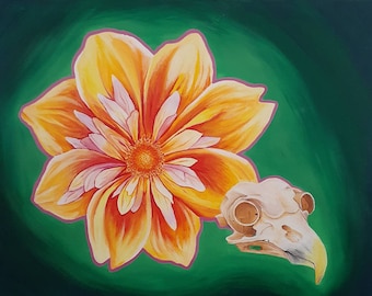 Life and Death series #4/4 - original surreal art - dahlia and owl skull - acrylic painting on 16x20 canvas - from LaurenHillDesigns.com