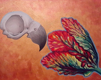 Life and Death series #2/4 - original surreal art- parrot tulip parrot skull - acrylic painting on 12x16 canvas - from LaurenHillDesigns.com