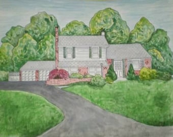 Custom hand illustrated houses - pen ink watercolor colored pencil -original art drawing illustration - from LaurenHillDesigns.com