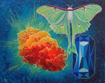 Universal series #3/3 - original surreal painting - luna moth & sapphire gem- acrylic painting on 11x14 canvas -from LaurenHillDesigns.com