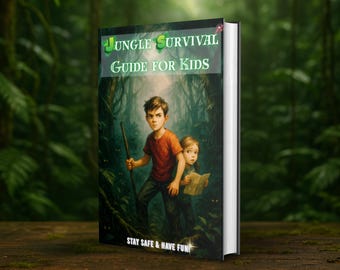 以下が含まれることがあります： 「Jungle Survival Guide for Kids」というタイトルのハードカバー本。ジャングルを背景に、男の子と女の子が描かれています。表紙には、地図と棒を持った子供たちが、緑豊かな植物に囲まれています。「Stay Safe & Have Fun!」というテキストが下にあります。