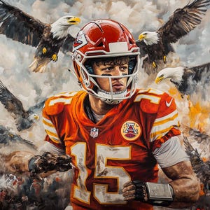 Puede incluir: Un jugador de fútbol americano vistiendo una camiseta roja y blanca con el número 15 en la parte delantera. Lleva un casco y tiene una expresión decidida en su rostro. El fondo es una pintura de águilas.