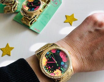 Bright and Bold Flower Watch | Bead Landing Watches | Gold and Neon Floral Watch | 80’s Style Wrist Watch | Rhinestone Watch