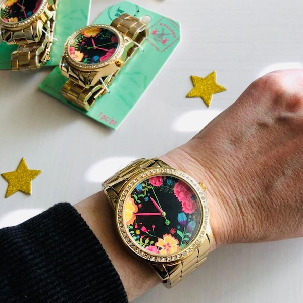 Bright and Bold Flower Watch | Bead Landing Watches | Gold and Neon Floral Watch | 80’s Style Wrist Watch | Rhinestone Watch