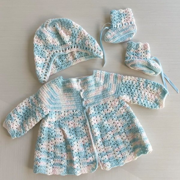 Vintage Baby Set | 3pc Crochet Sweater, Bonnet and Booties | Light Blue, Pale Pink and White Baby Outfit | Take Home Outfit or Photo Prop
