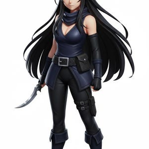 Peut inclure: Illustration numérique d'un personnage féminin vêtu d'une tenue bleu foncé et noire, tenant une dague argentée. Le personnage a de longs cheveux noirs, des yeux bleus et porte une tunique, un pantalon, des gants et des bottes. Le personnage se tient sur un fond blanc.