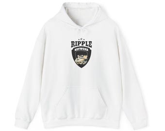 May include: White hooded sweatshirt with a black and white logo that says "Ripple Network" and a graphic of a computer chip.