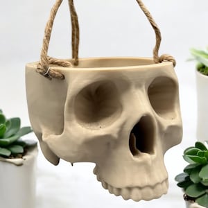 May include: A beige ceramic skull planter with a rope handle. The planter is designed to hang from the ceiling.