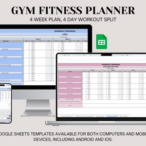May include: A digital image of a computer screen showing a Google Sheets template for a 4-week gym fitness planner. The template is divided into four workout programs: Legs, Shoulders and Traps, Back and Biceps, and Chest and Triceps. Each program includes a weekly schedule with exercises, sets, and reps.