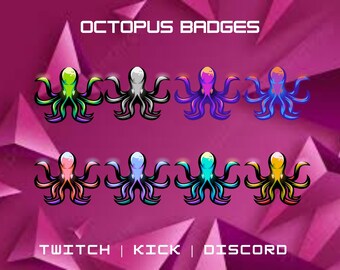 May include: Set of 8 colorful octopus badges with the text "OCTOPUS BADGES" at the top and "TWITCH | KICK | DISCORD" at the bottom.