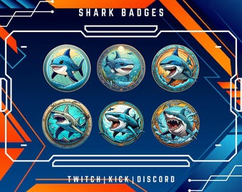 May include: Six colorful round badges featuring different cartoon shark illustrations. The badges have a blue, white, and orange color scheme. The text "SHARK BADGES" is at the top of the image. The text "TWITCH | KICK | DISCORD" is at the bottom of the image.