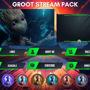 Peut inclure: Une superposition de flux Twitch verte et noire mettant en scène un personnage du film Les Gardiens de la Galaxie. La superposition comprend des sections pour les liens, à propos de moi, l'horaire, l'abonnement, le don et les règles. La superposition comprend également une série d'images de profil circulaires mettant en scène le même personnage.