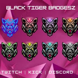 Pakiet odznak Black Tiger Sub/Bit dla serwisu Twitch | Unikatowe odznaki subskrybentów | Grafiki streamerów | Odznaki zwierząt za subskrypcję | Grafiki Twitch.