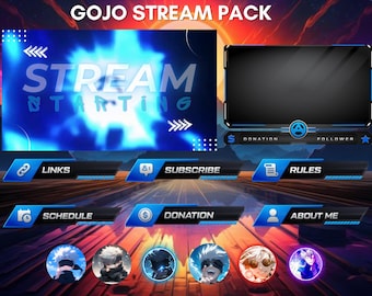 May include: A blue and black Twitch stream overlay pack with the text "GOJO STREAM PACK" and "STREAM STARTING" in white. The overlay includes sections for links, subscribe, donation, rules, schedule, and about me. There are also blue and black profile picture frames with anime characters.