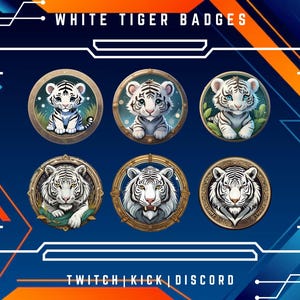 Odznaki White Tiger Sub dla Twitch, YouTube, Discord | Natychmiastowe pobranie cyfrowe | Zestaw 6 odznak | Odznaki zwierząt |